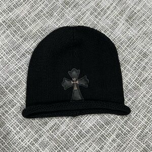 Chrome Hearts cashmere beanie knit leather cross patch  silver button
